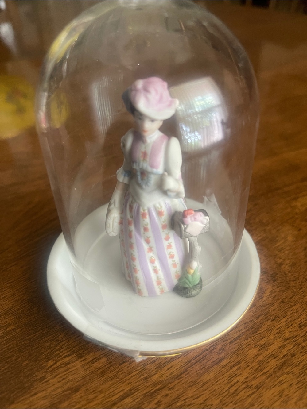 Porcelain AvonVictorian Lady Figurine Under Glass Dome - Pink & White 1983